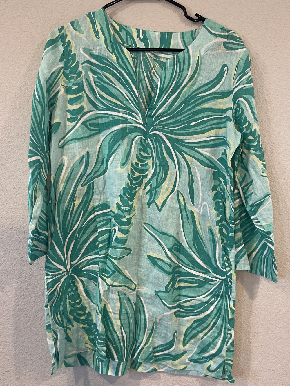 Lilly Pulitzer Women 100% Linen Blue White Tropical Leaf Print Long Sleeve Dress